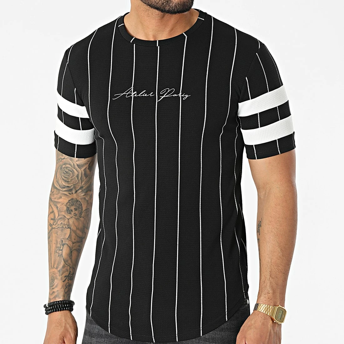 Sortie 🎉 Tee 👕 Shirt Oversize A Rayures C5678 Noir de MTX 😍