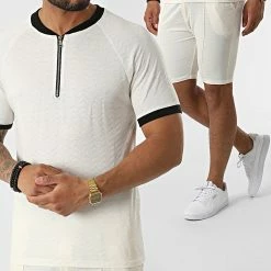 Offres 👍 Ensemble Tee 👚 Shirt Col Zippé Short Jogging C5843-C8151 Beige Clair de MTX 🤩