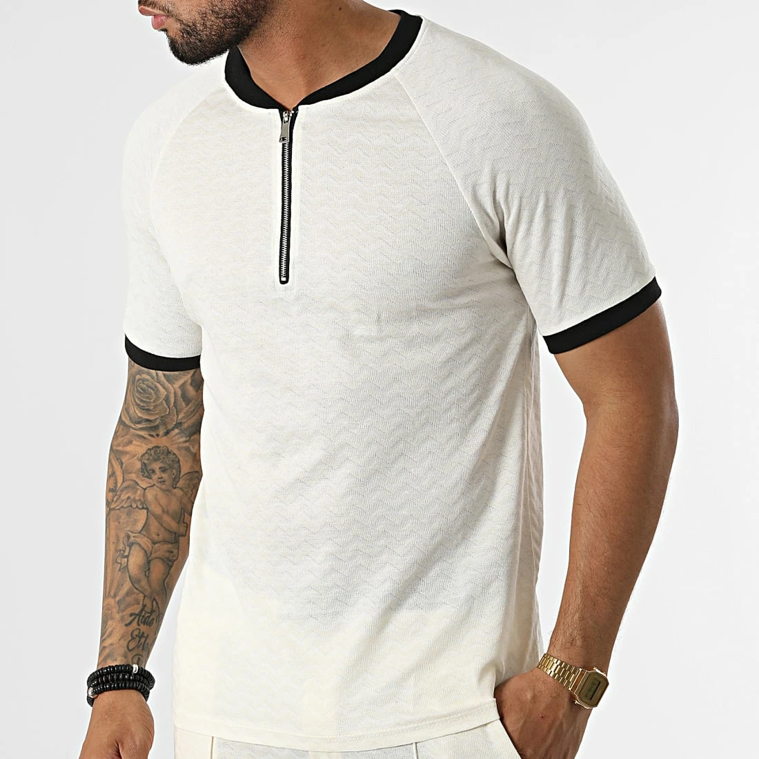 Offres 👍 Ensemble Tee 👚 Shirt Col Zippé Short Jogging C5843-C8151 Beige Clair de MTX 🤩 – Image 5