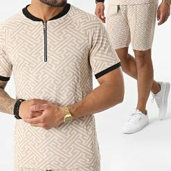 Grosses soldes 💯 Ensemble Tee 👕 Shirt Col Zippé Short Jogging C5839-C8149 Beige de MTX 😀