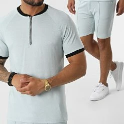 De gros 👍 Ensemble Tee 👚 Shirt Col Zippé Short Jogging C5840-C8150 Bleu Clair de MTX 🔥