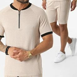 Meilleure vente 🌟 Ensemble Tee 👚 Shirt Col Zippé Short Jogging C5845-C8153 Beige de MTX 👍