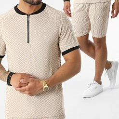 Offres ✔️ Ensemble Tee 👕 Shirt Col Zippé Short Jogging C5846-C8152 Beige de MTX 🔥
