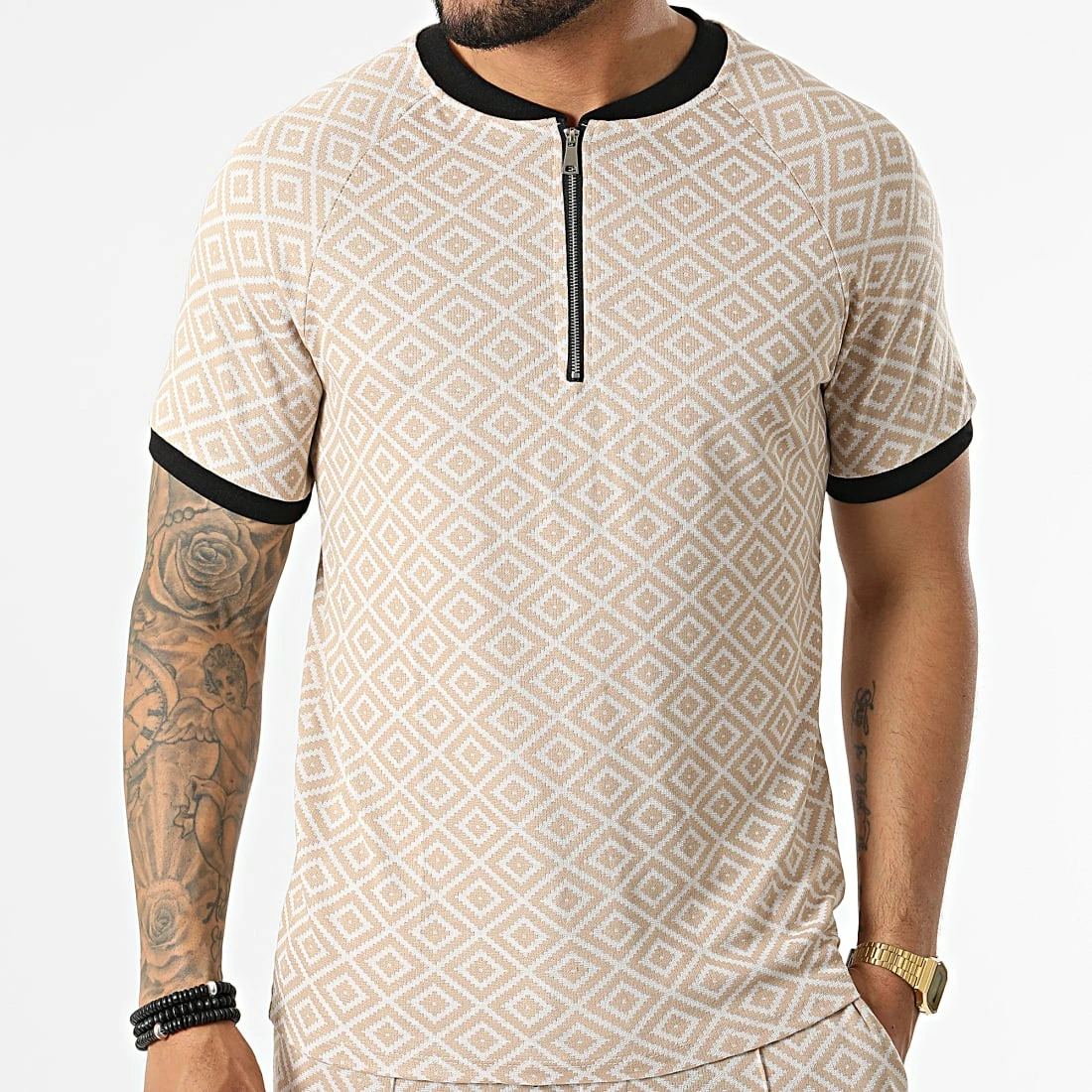 Offres ✔️ Ensemble Tee 👕 Shirt Col Zippé Short Jogging C5846-C8152 Beige de MTX 🔥 – Image 5