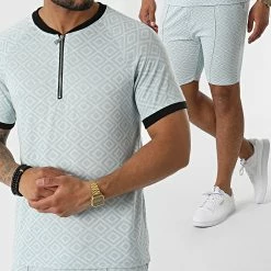 Nouveau 👍 Ensemble Tee 👚 Shirt Col Zippé Short Jogging C5846-C8152 Bleu Clair de MTX ⌛