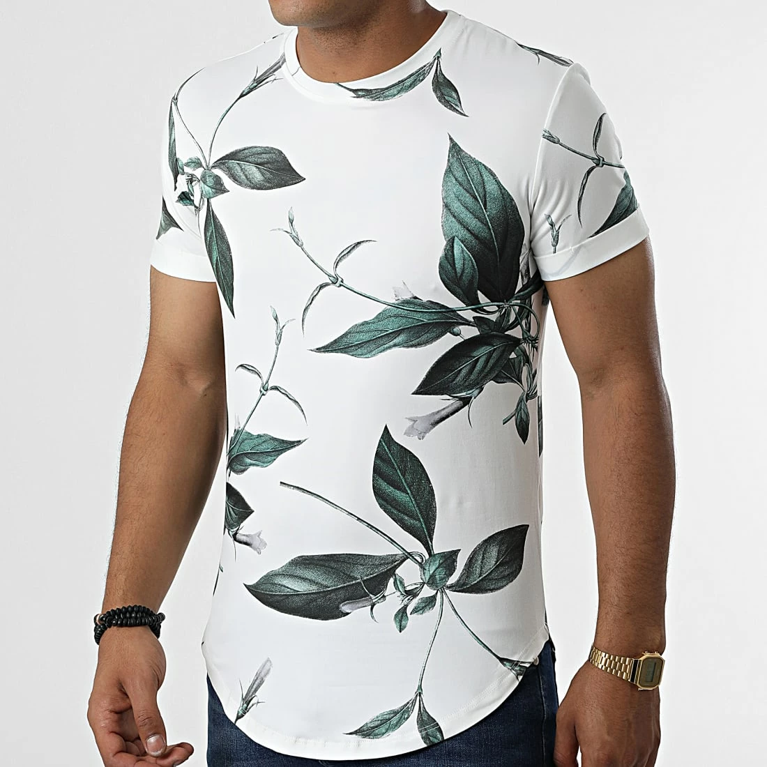 Tout neuf ⌛ Tee 👕 Shirt Oversize U9478 Blanc Vert Floral de MTX ✔️