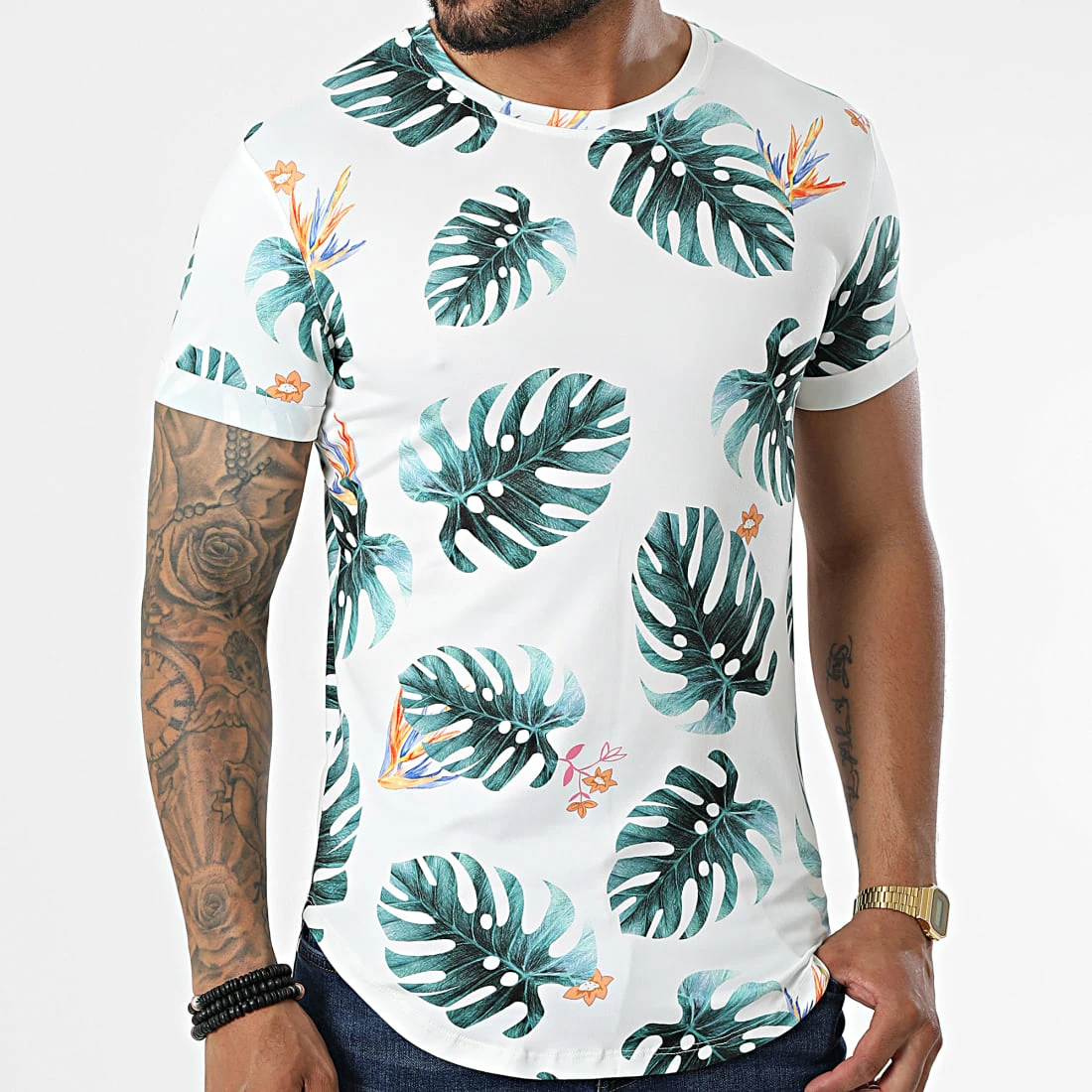 Tout neuf 👏 Tee 👕 Shirt Oversize U9475 Blanc Vert Floral de MTX 🔥 – Image 3