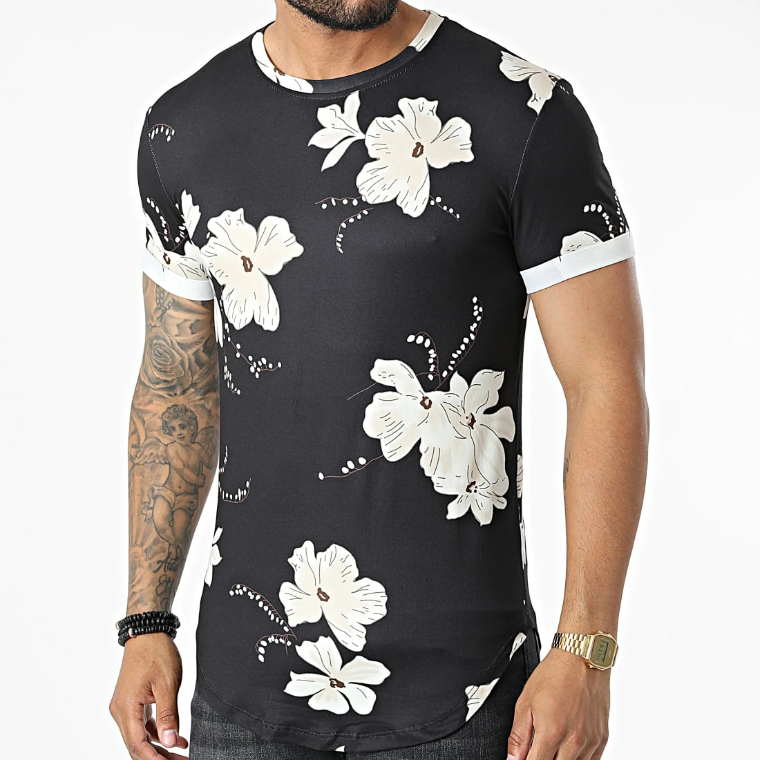 Meilleure vente ⭐ Tee 👚 Shirt Oversize U9480 Noir Floral de MTX ⭐