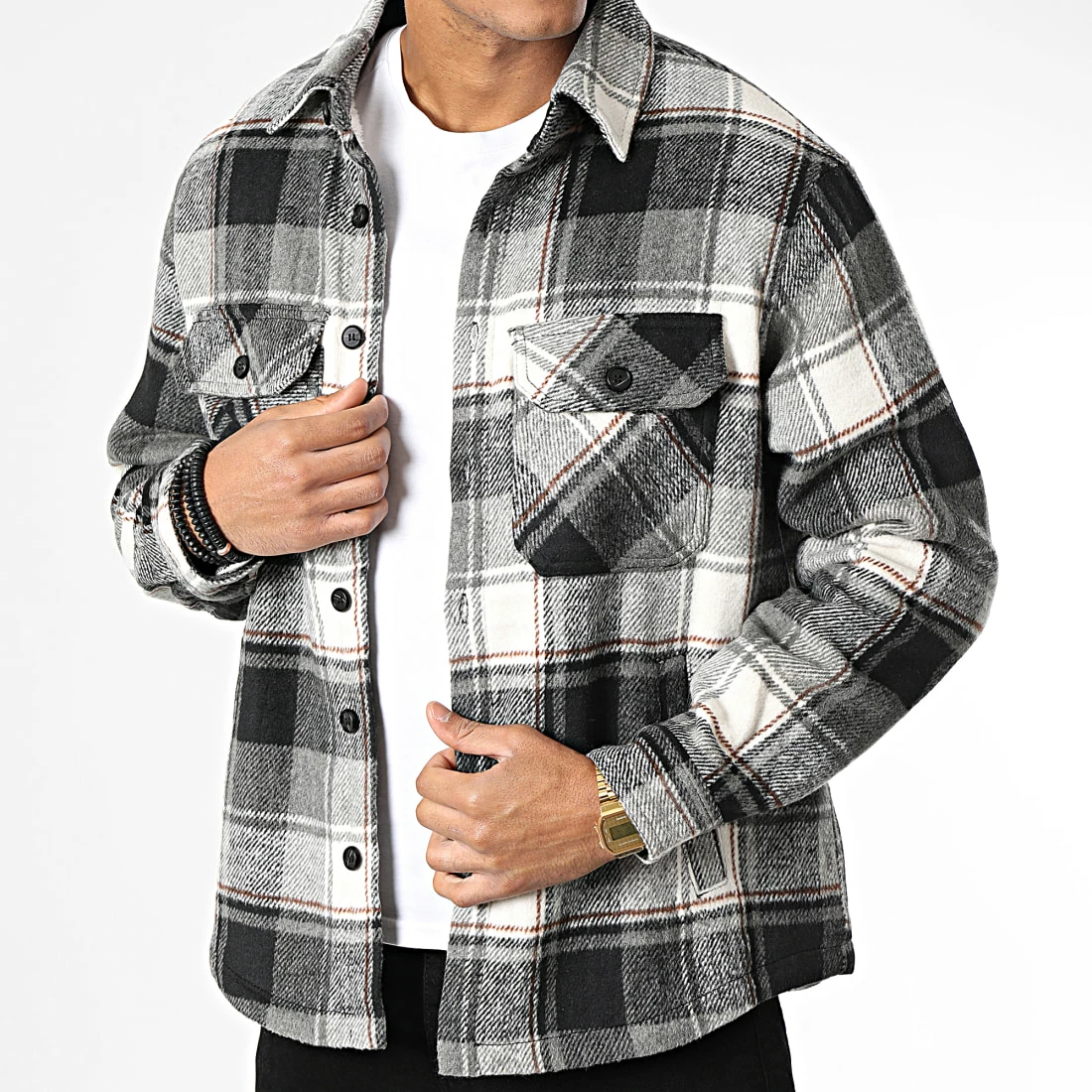 Remise ✨ Surchemise A Carreaux YT130 Blanc Gris de MTX 🤩