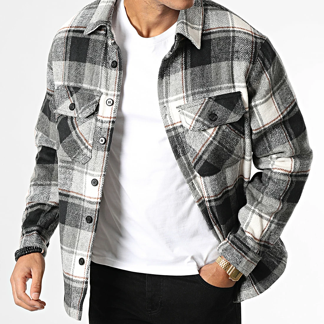 Remise ✨ Surchemise A Carreaux YT130 Blanc Gris de MTX 🤩 – Image 3